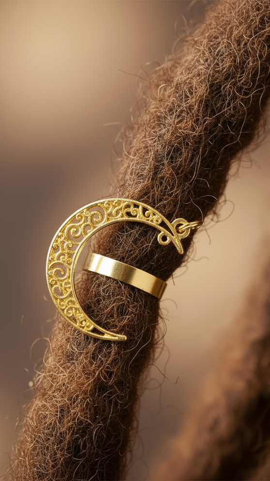 Decorative accessory shaped like a crescent moon with intricate designs on a gold background