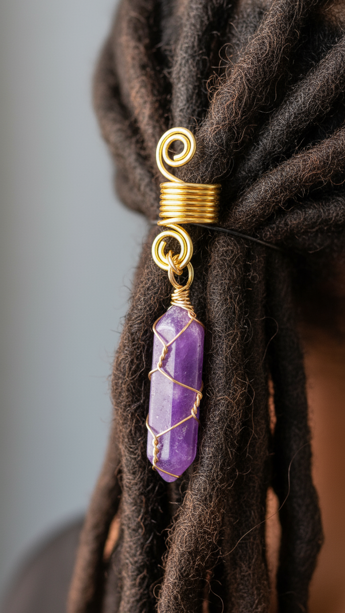 Purple crystal pendant with gold wire wrapping